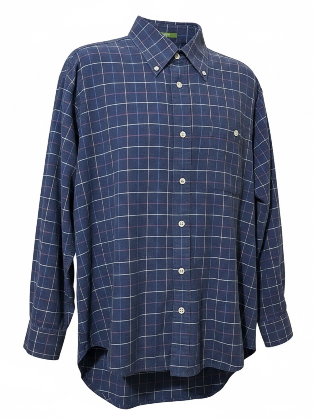 ORVIS navy blue plaid 100% cotton long sleeve button front shirt size Large